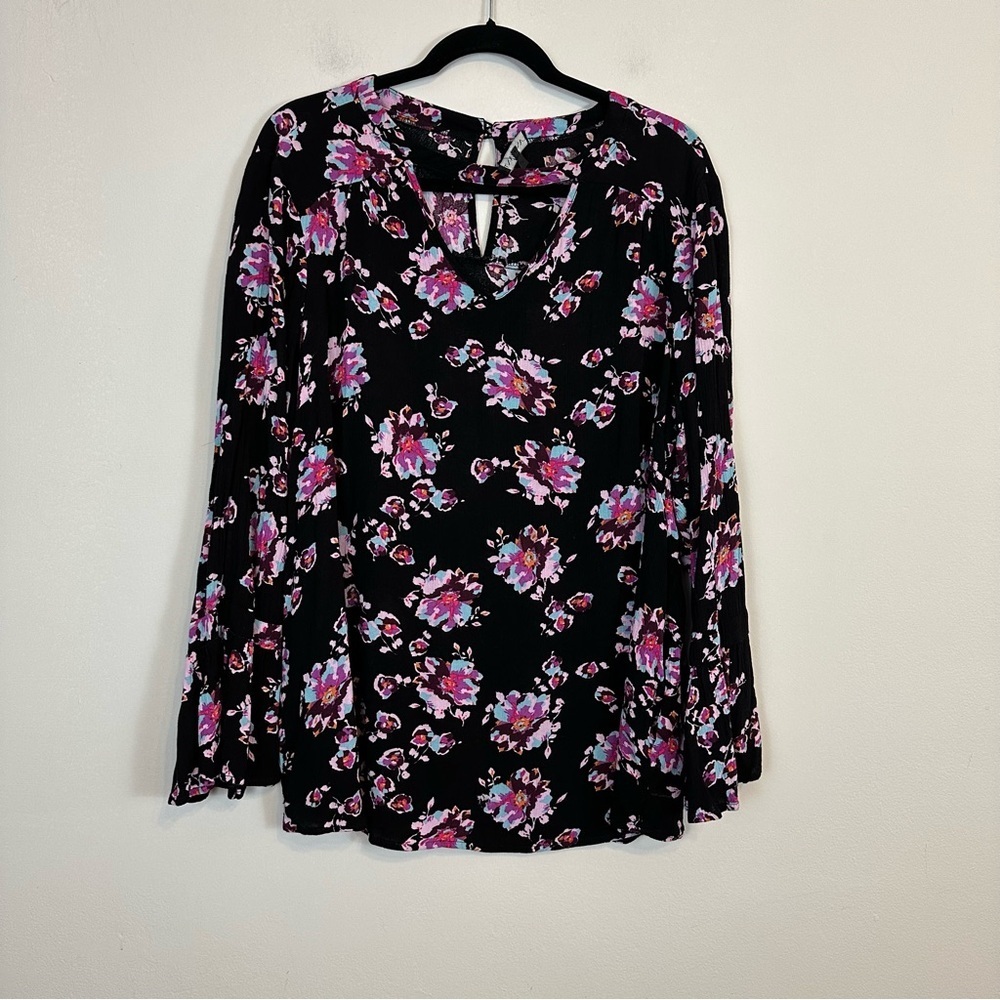 Lane Bryant | Black and Purple Floral Bell Sleeve Blouse Size 14